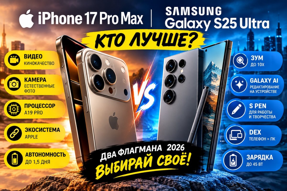Phone 17 Pro Max против Samsung Galaxy S25 Ultra: честное сравнение флагманов 2026 года